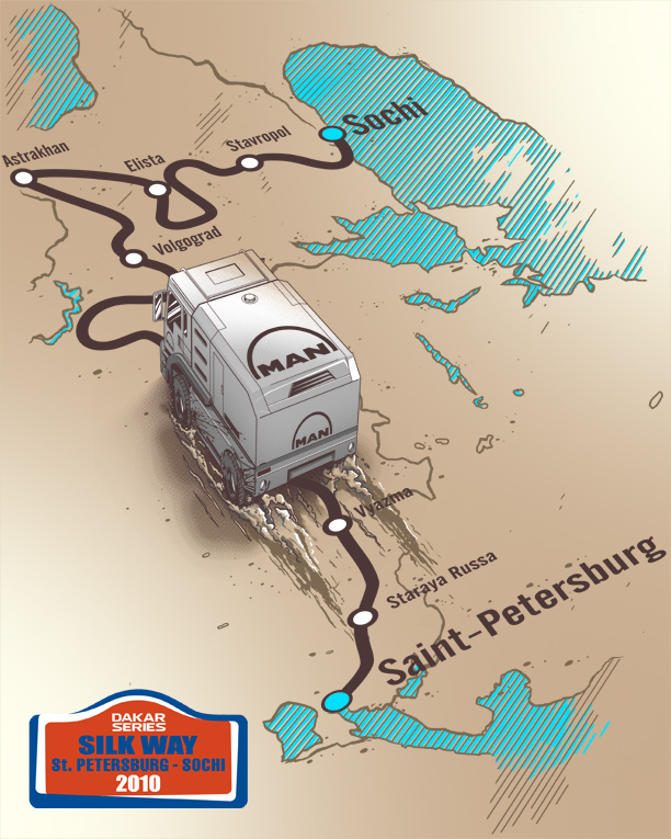 Иллюстрация на футболку компании автомобильной MAN от CarArts для ралли шелковый путь серии Париж Дакар